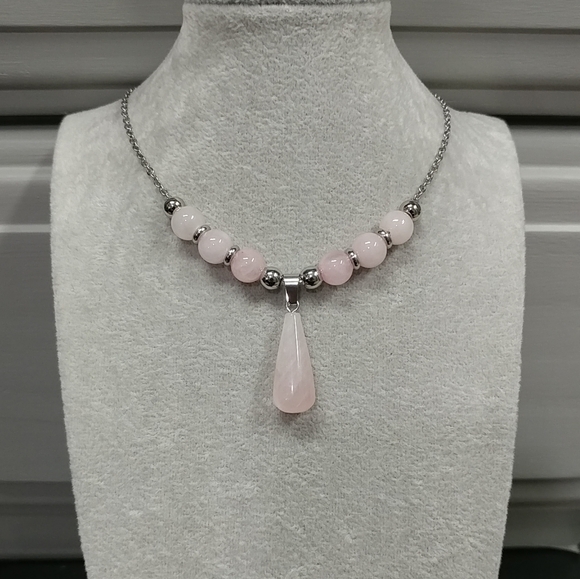 Rose Quartz Beaded Necklace Natural Gemstone Crystal Pendant Stainless-Steel - Picture 3 of 14